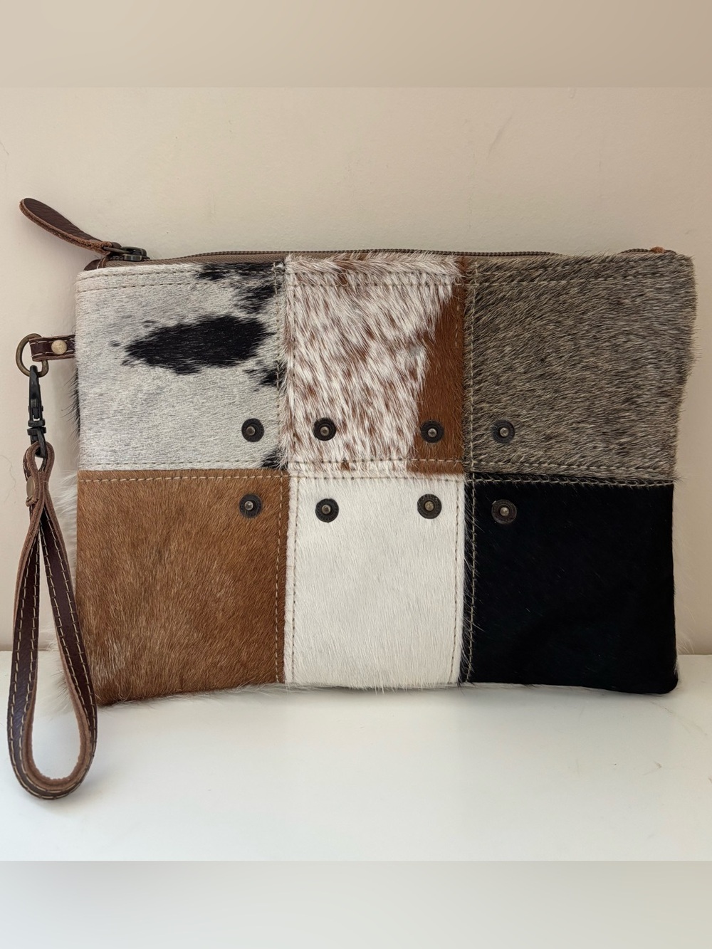 Myra Bag Genuine Hair-On Cowhide Patchwork Clutch Boho